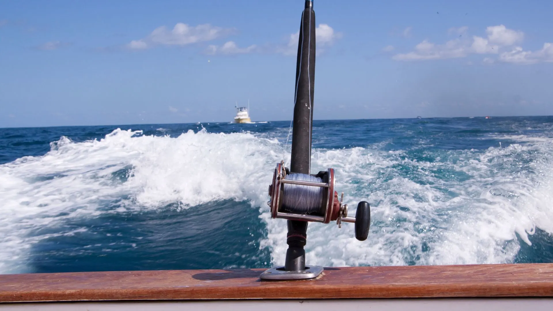 Fishing rod mounted on boat railing with ocean waves in the background; another boat visible in the distant horizon.